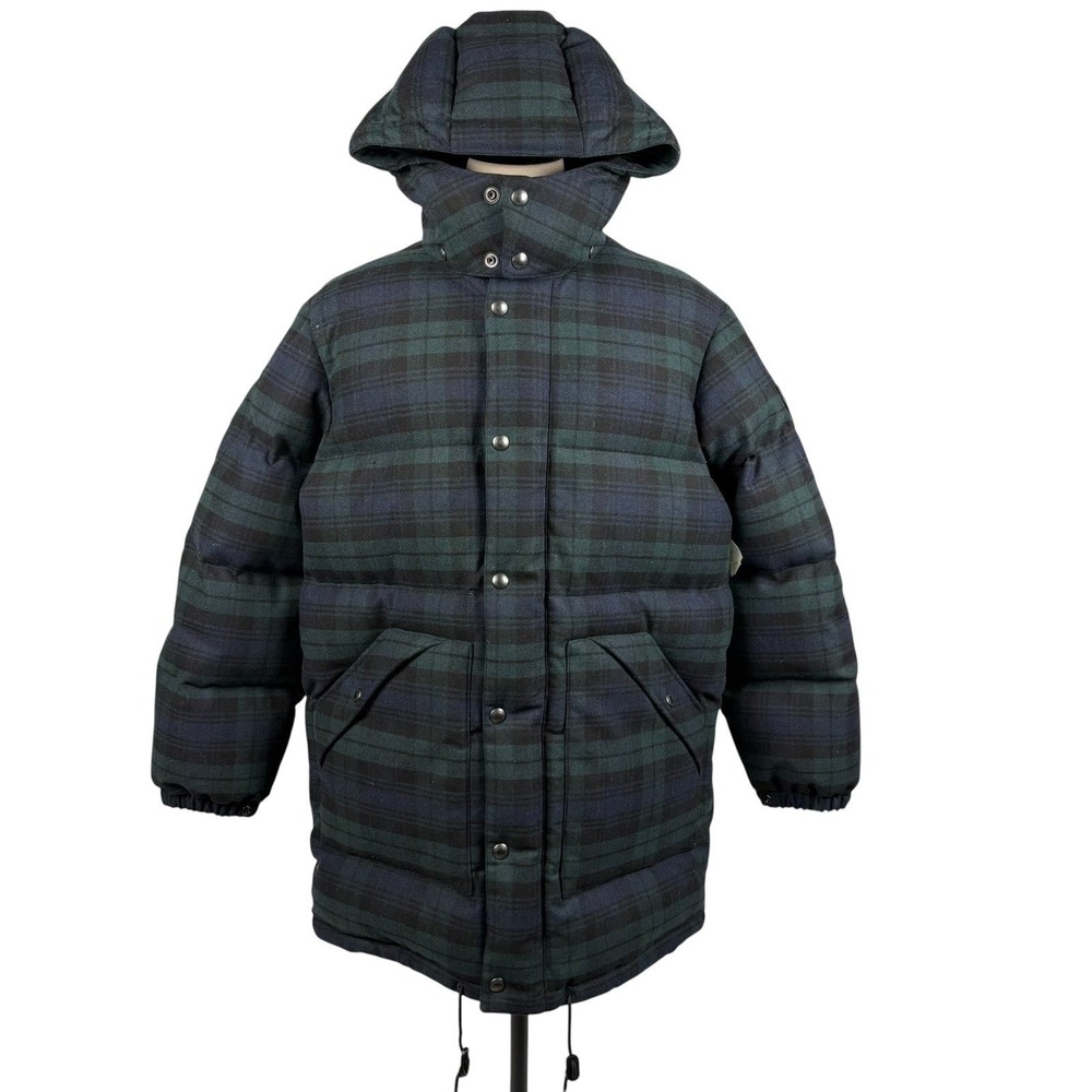 Polo Ralph Lauren Boulder Down Parka Coat Mens L Green Wool Tartan Plaid Hooded